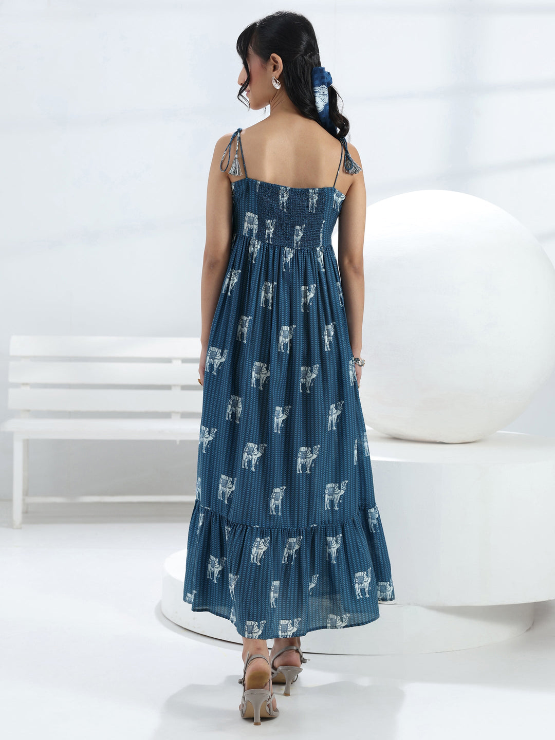  Blue Camel Printed Fit-And-Flare Cotton Blend One-Piece Dress 