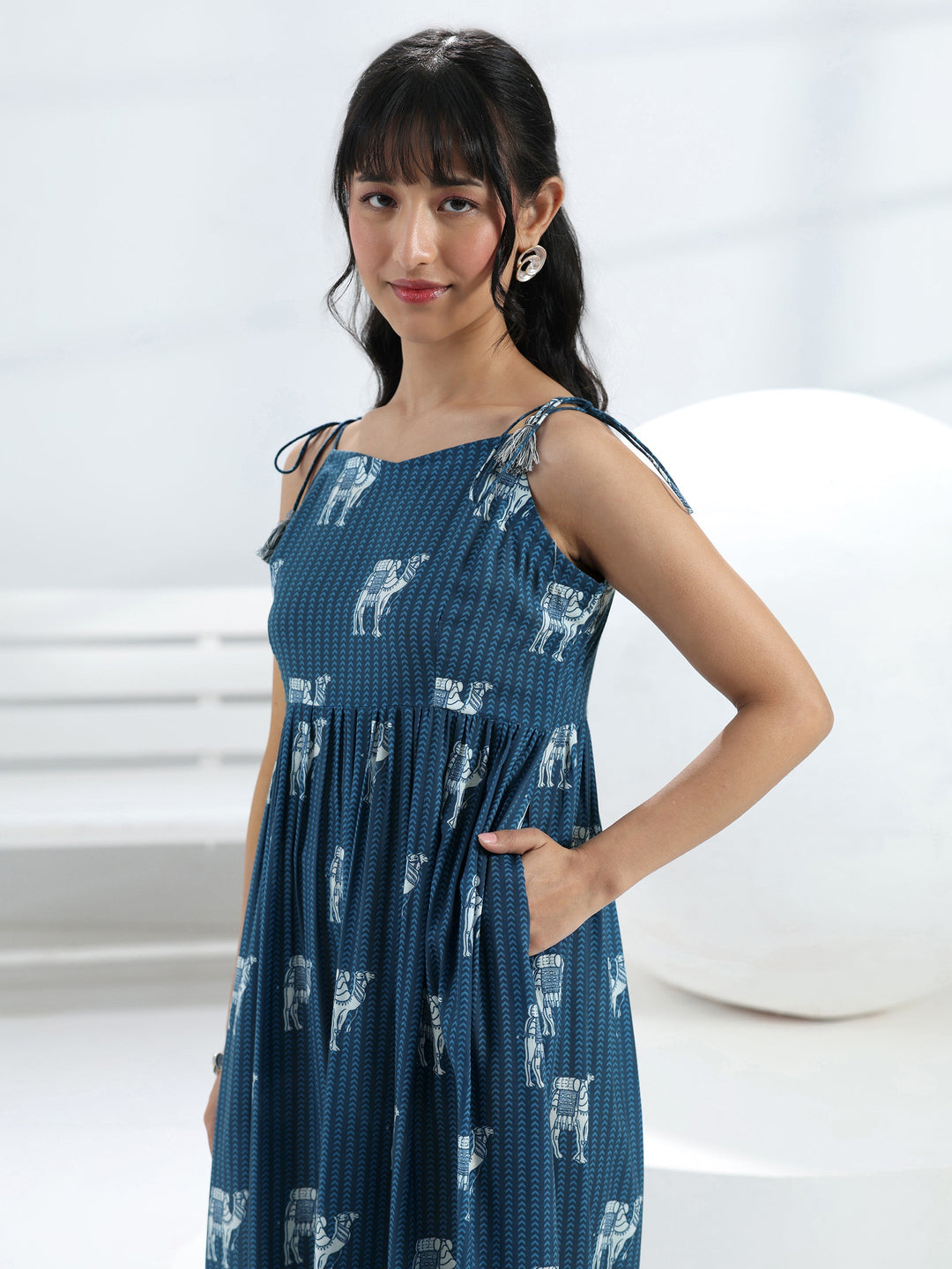  Blue Camel Printed Fit-And-Flare Cotton Blend One-Piece Dress 