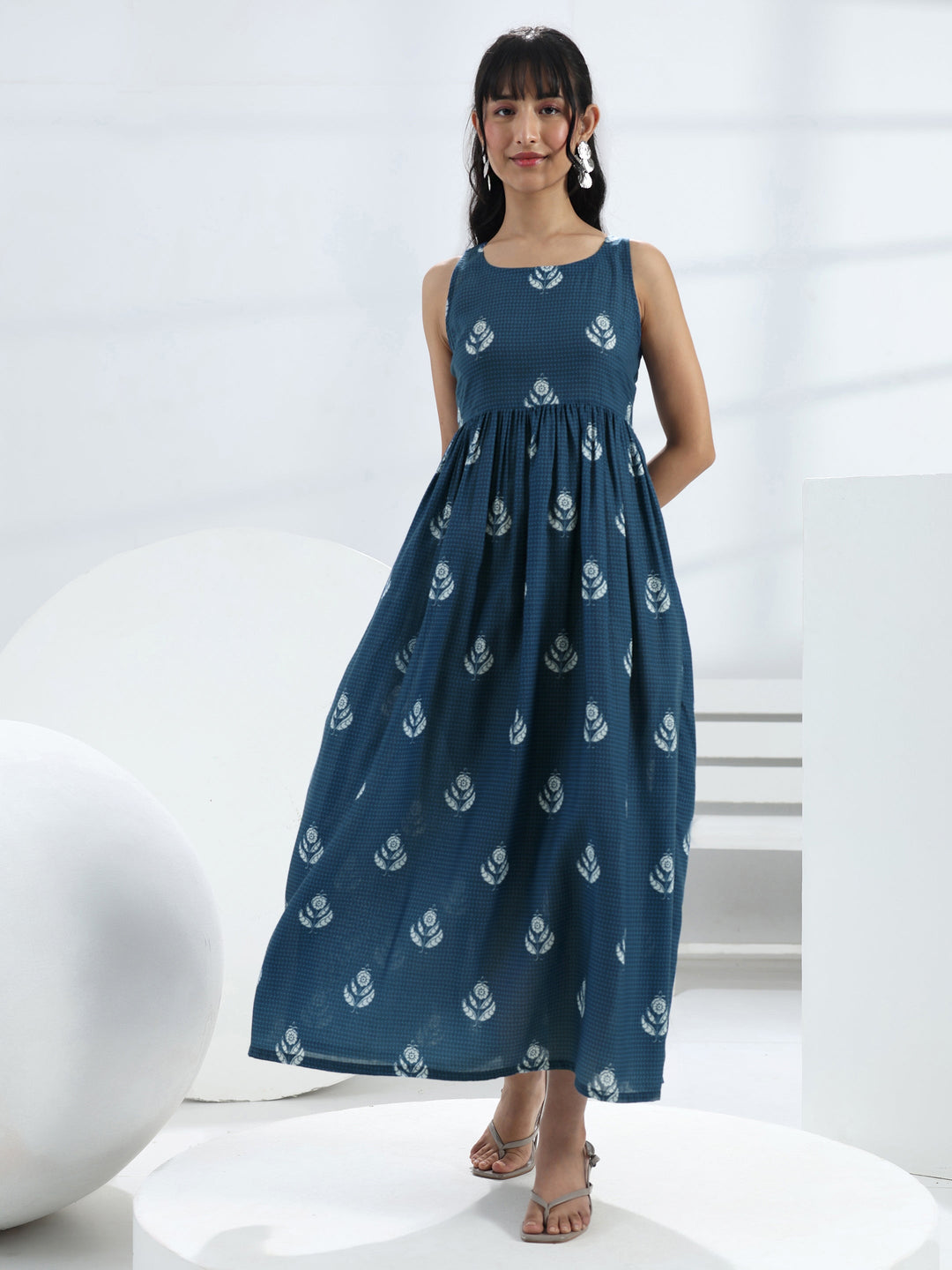  Blue Floral Printed A-Line Cotton Blend One-Piece Dress 