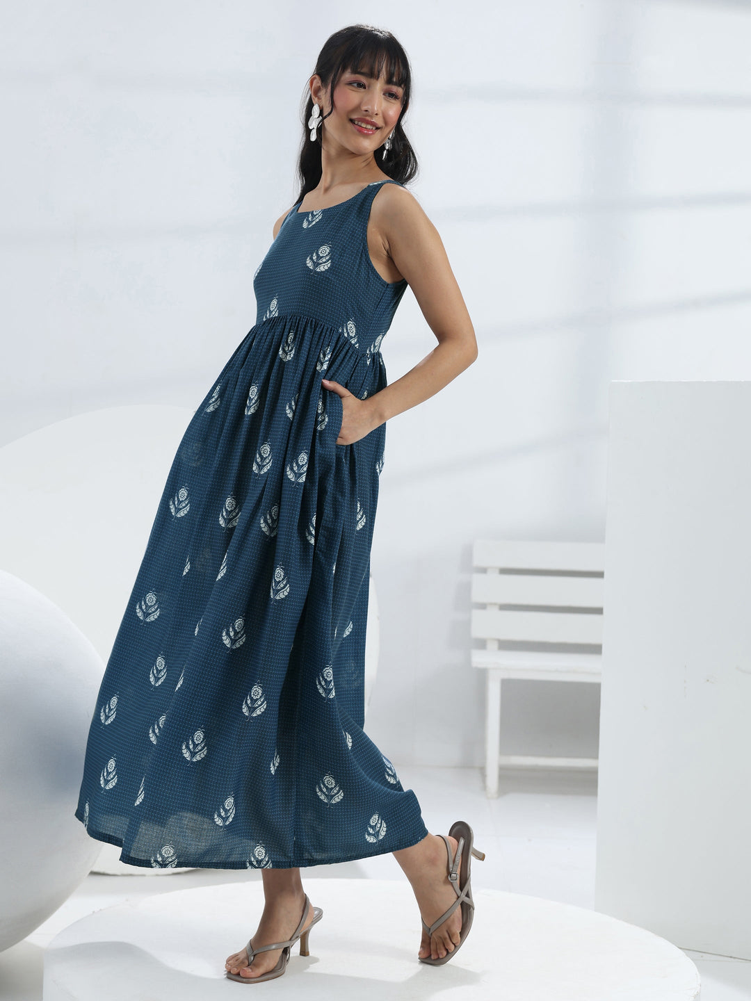  Blue Floral Printed A-Line Cotton Blend One-Piece Dress 