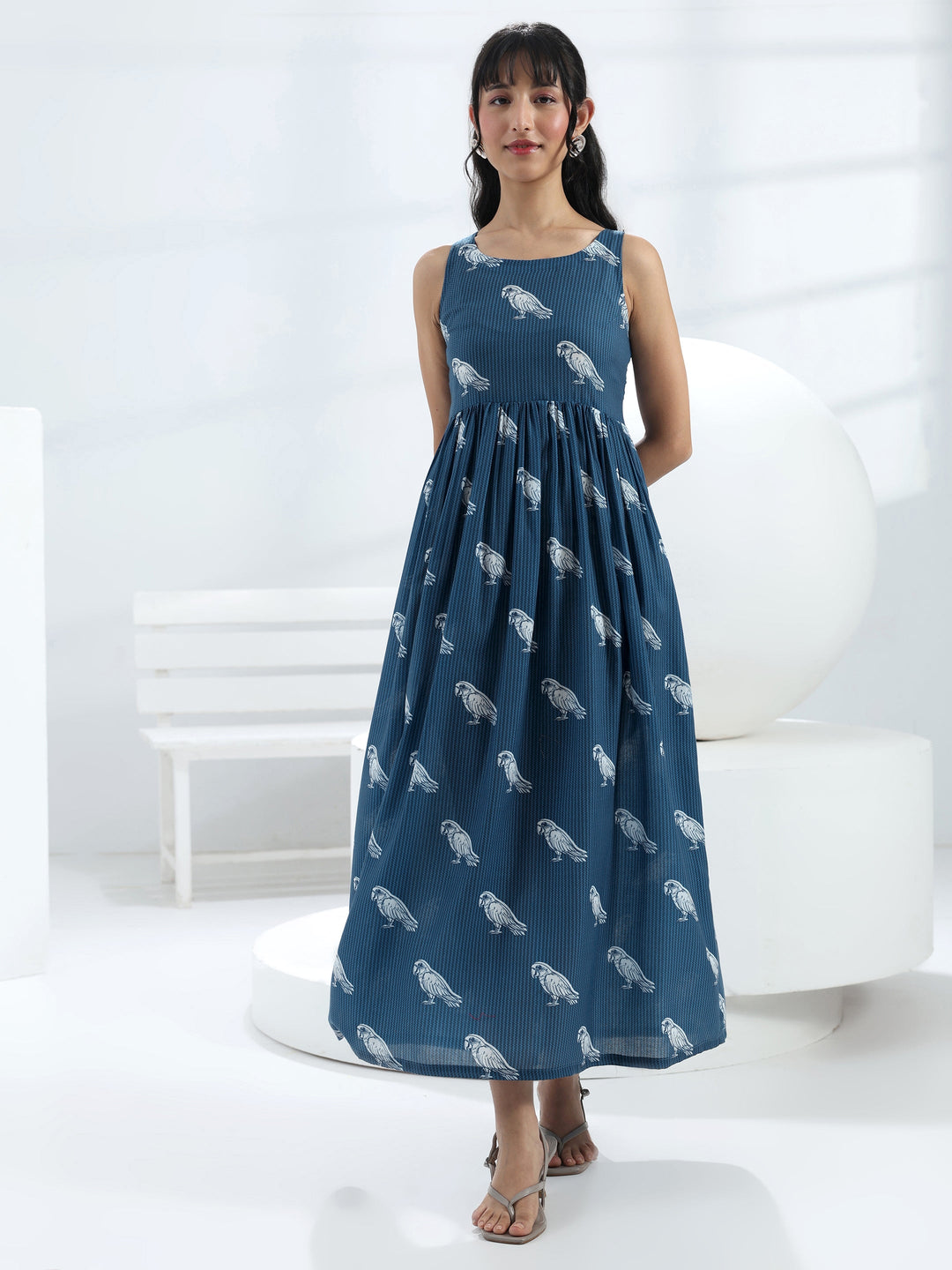 Blue Parrot Printed Fit-And-Flare Cotton Blend One-Piece Dress 