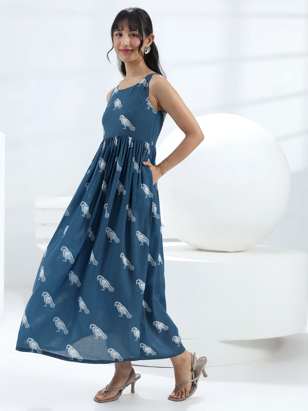  Blue Parrot Printed Fit-And-Flare Cotton Blend One-Piece Dress 