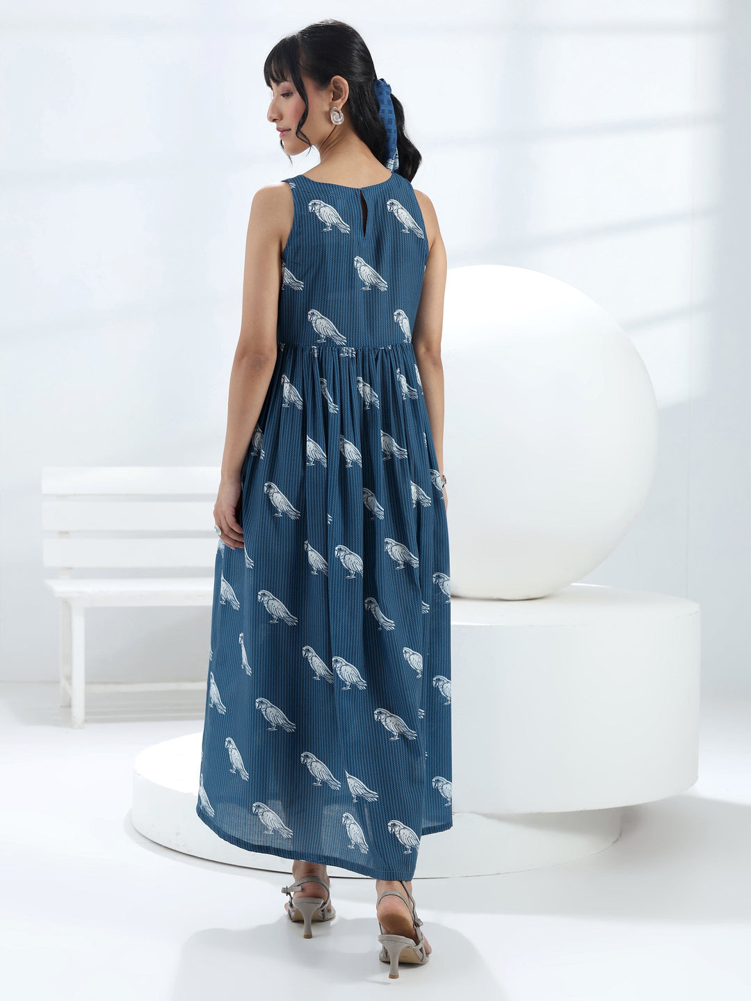  Blue Parrot Printed Fit-And-Flare Cotton Blend One-Piece Dress 