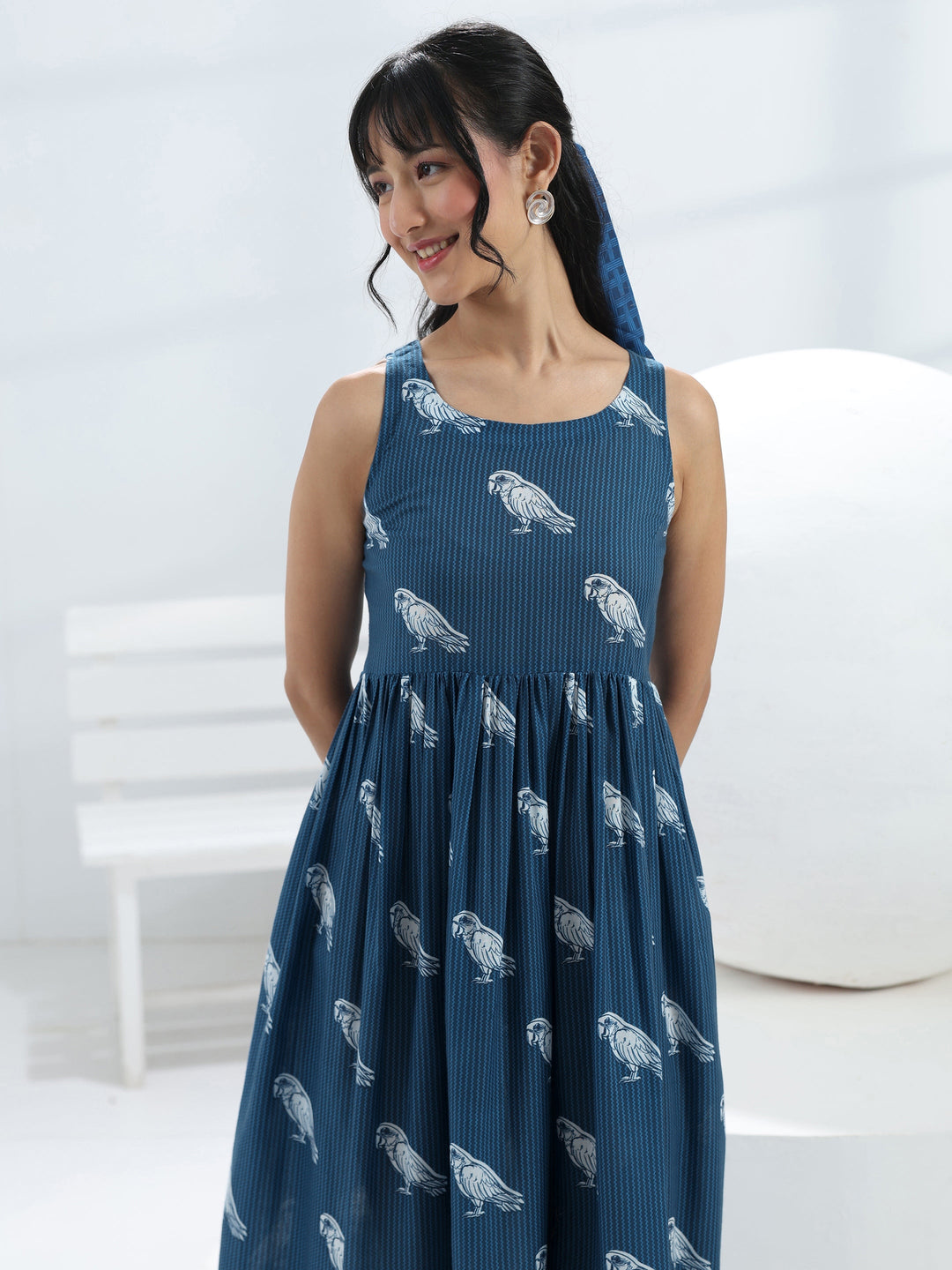  Blue Parrot Printed Fit-And-Flare Cotton Blend One-Piece Dress 