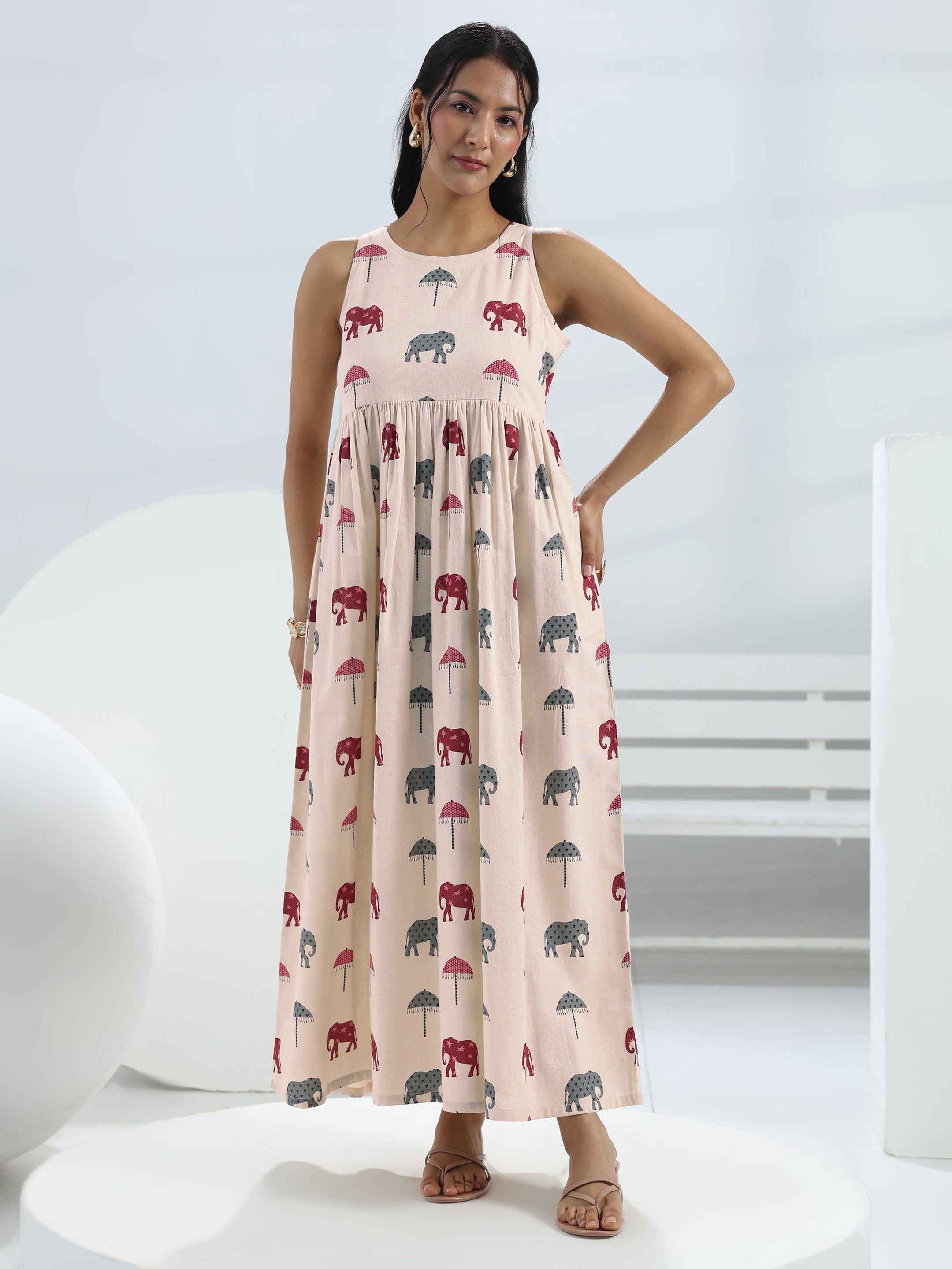 libas Off White Elephant Printed A-Line Cotton One-Piece Dress-picture-60