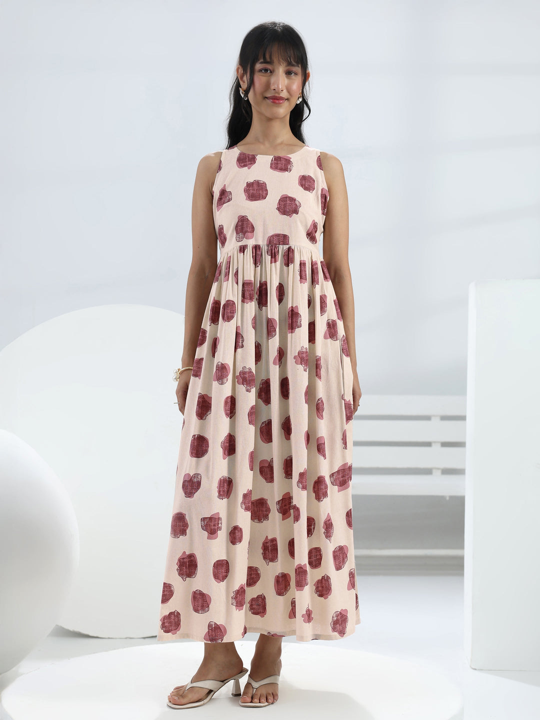  Off-White Abstract Printed Fit-And-Flare Cotton One-Piece Dress 