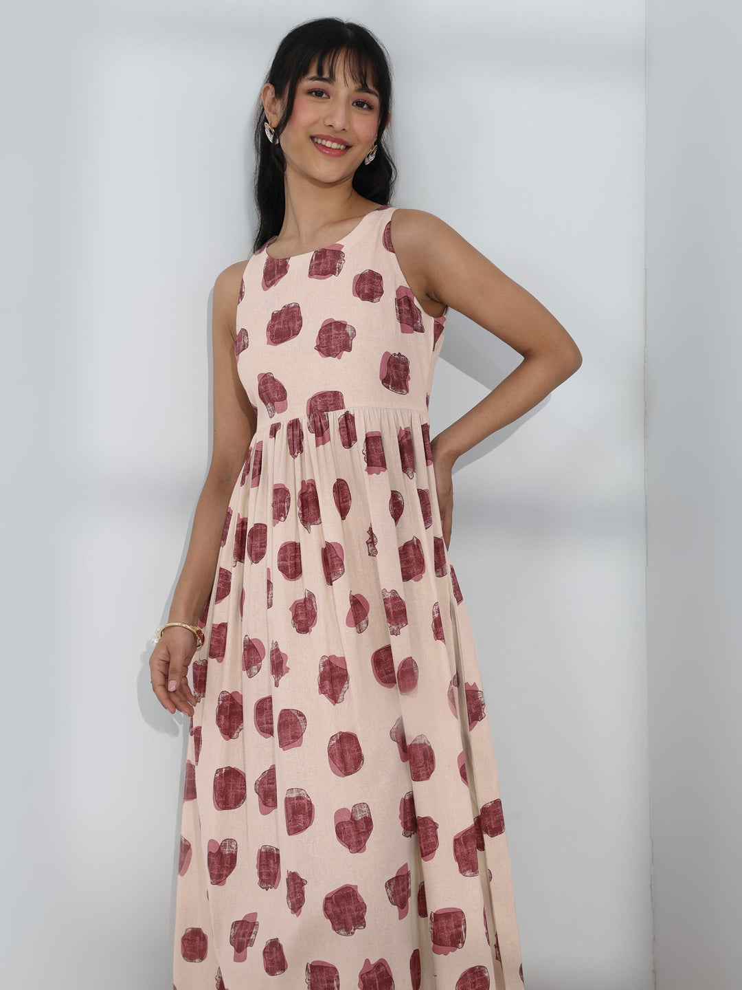  Off-White Abstract Printed Fit-And-Flare Cotton One-Piece Dress 
