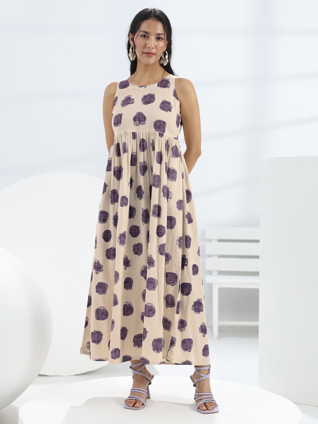  Off-White Abstract Printed A-Line Cotton One-Piece Dress 