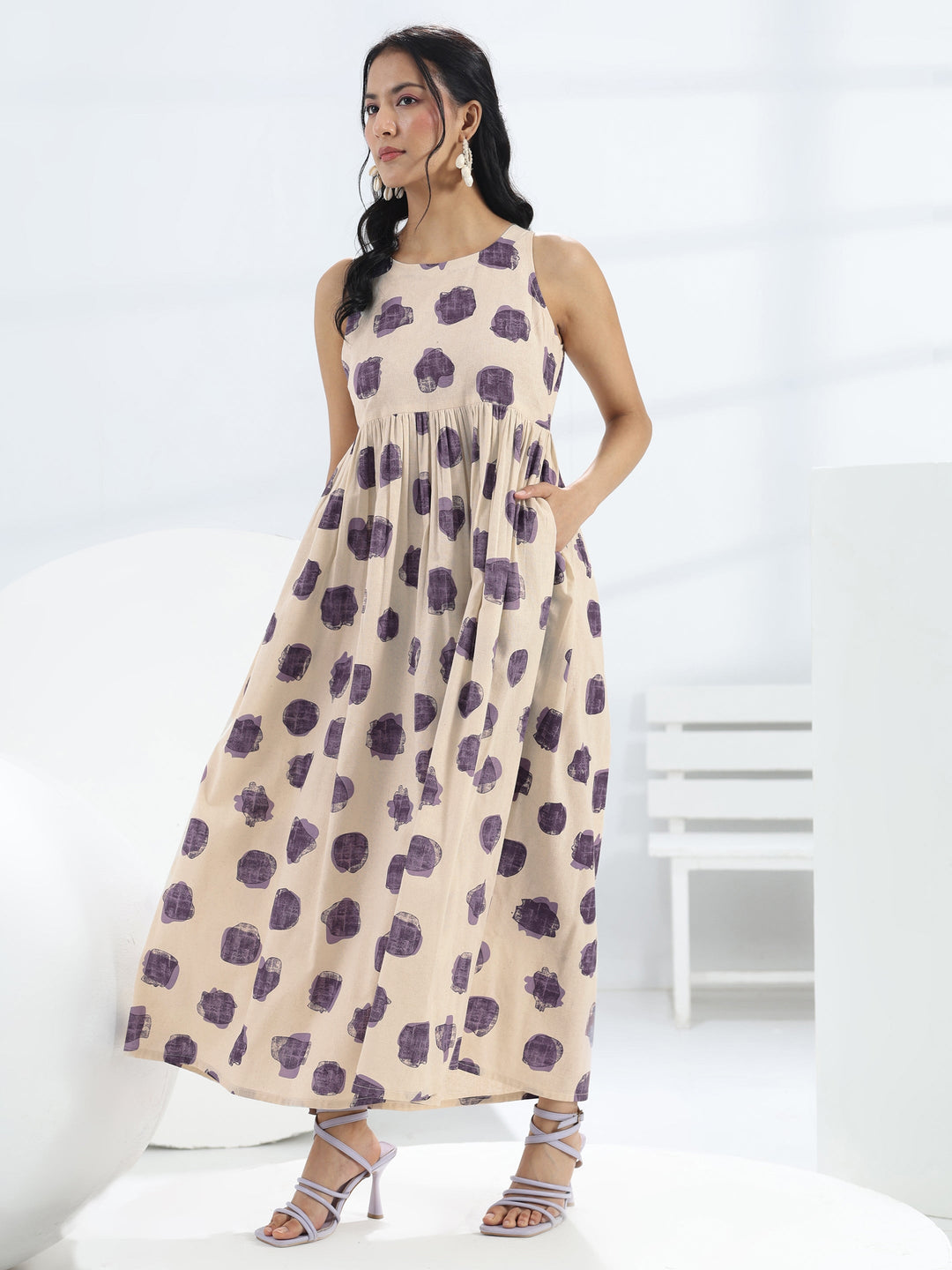  Off-White Abstract Printed A-Line Cotton One-Piece Dress 