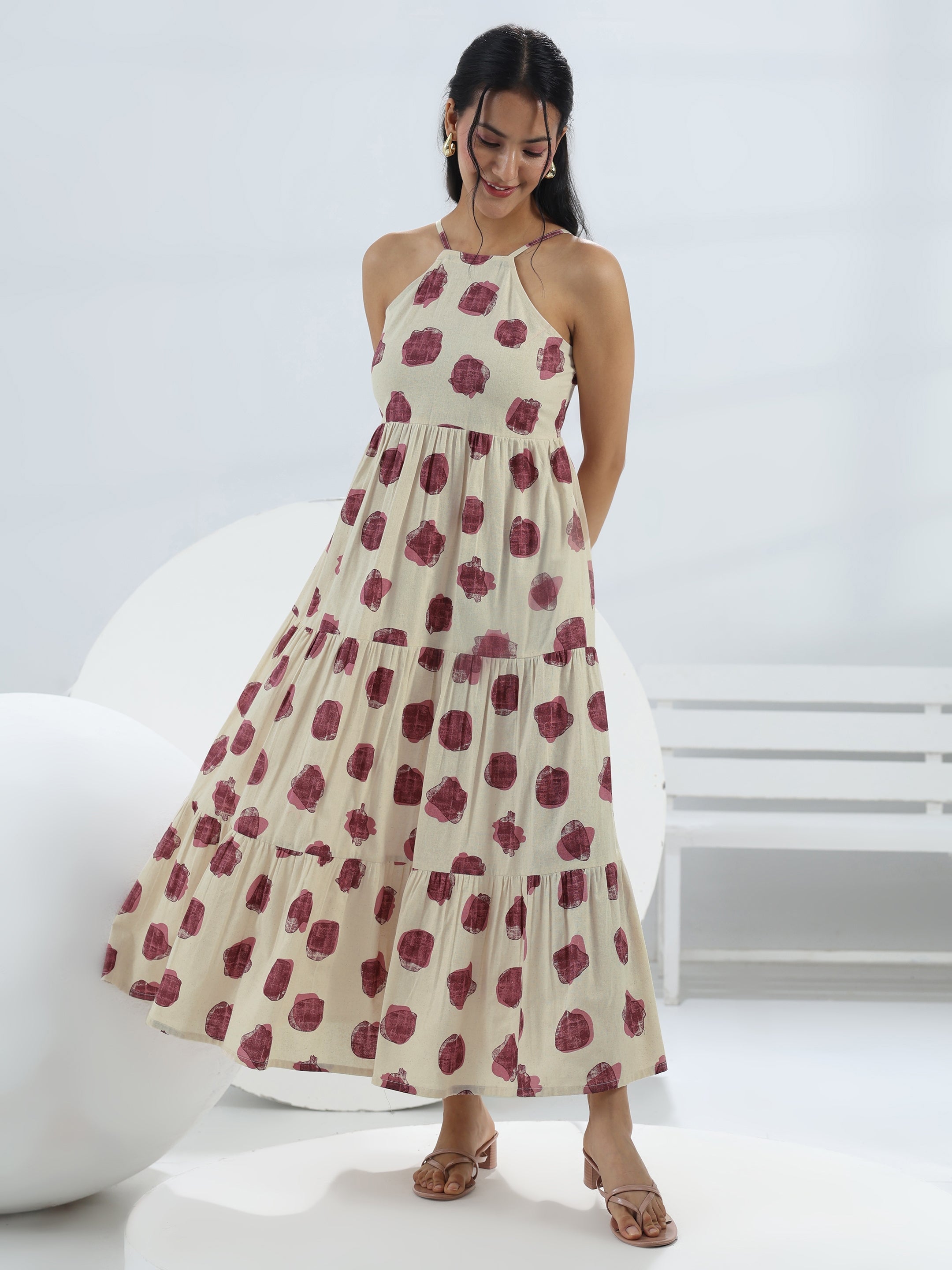 Off White Printed Cotton One-Piece Tiered Dress-image-32