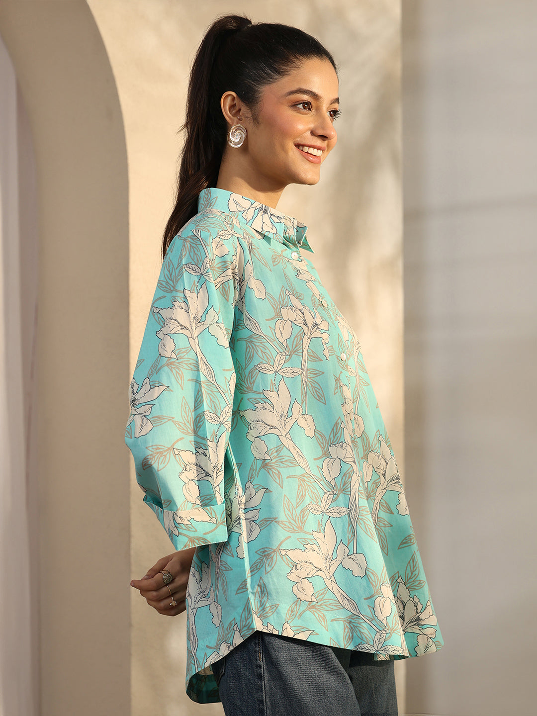  Blue Printed Cotton Straight Shirt 