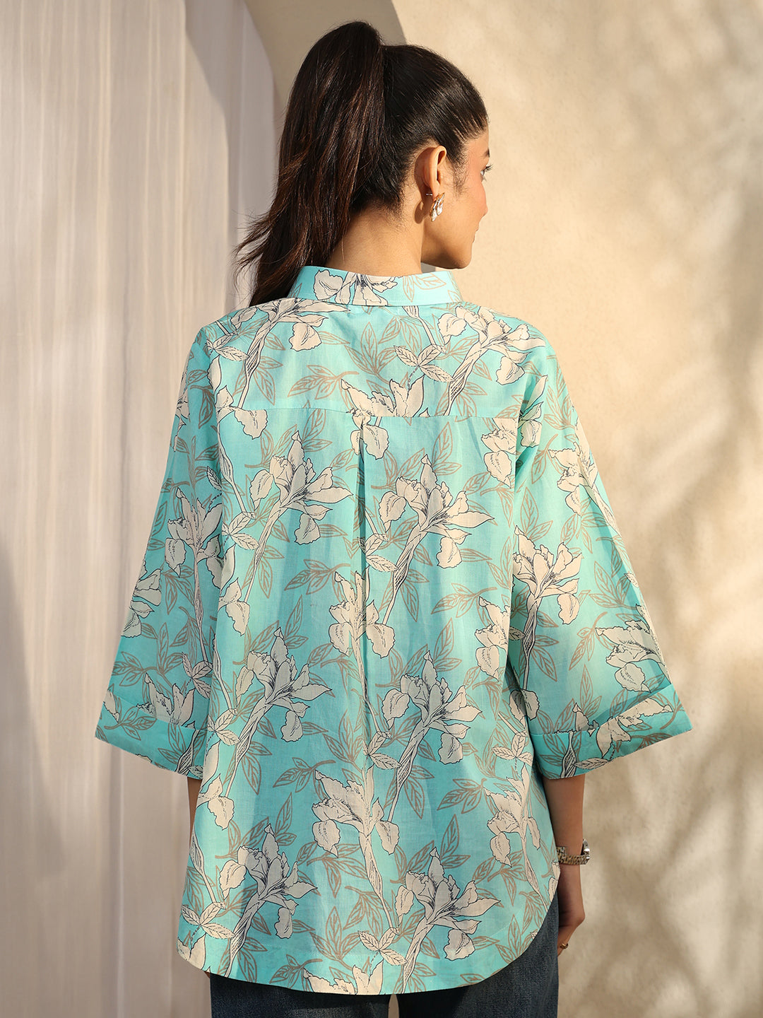  Blue Printed Cotton Straight Shirt 