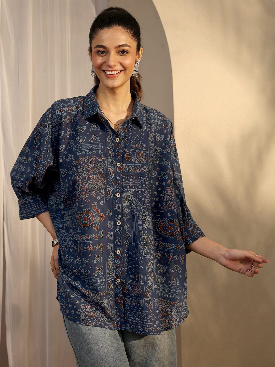 Blue Paisley Printed Cotton Straight Shirt