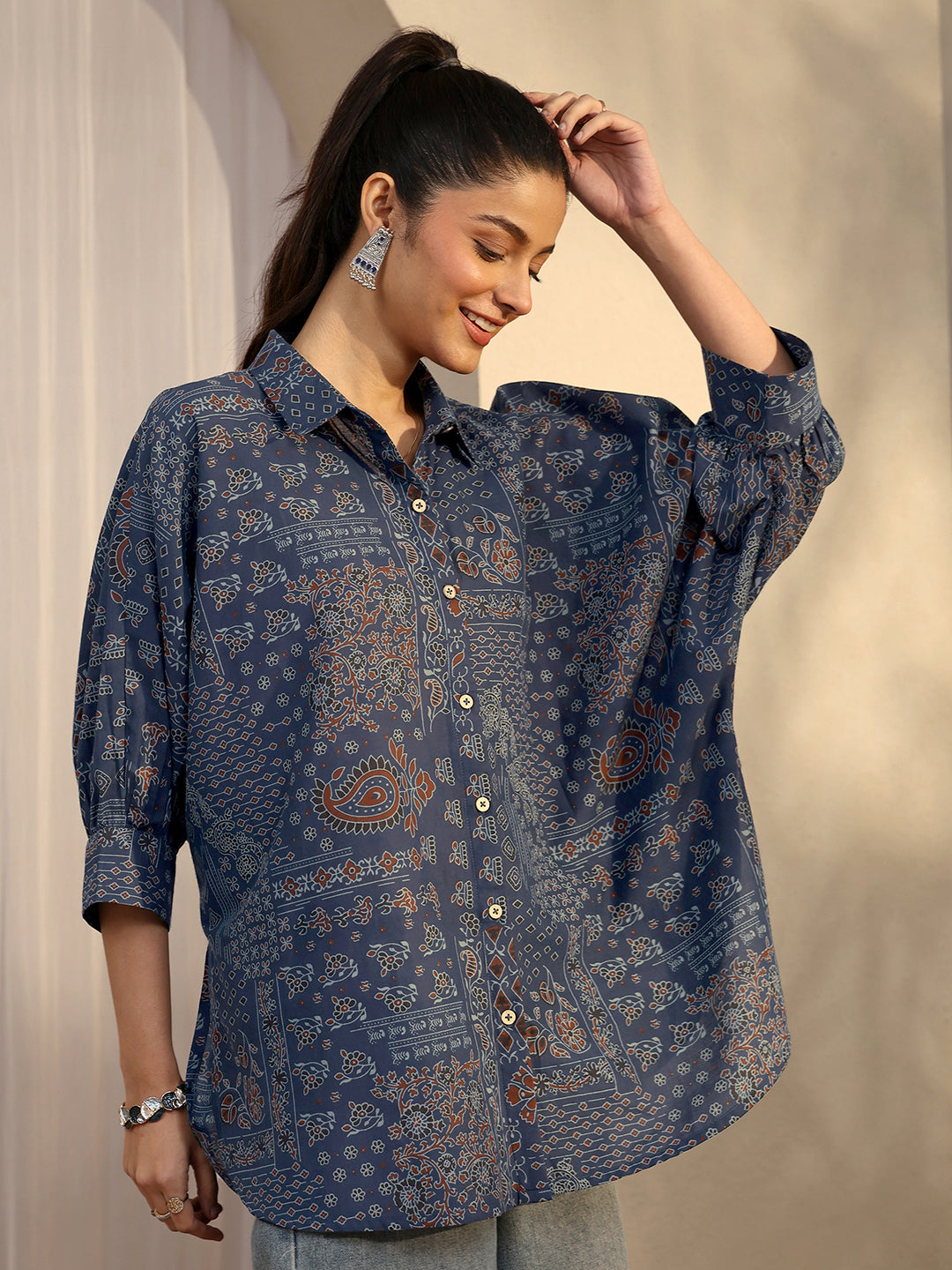  Blue Paisley Printed Cotton Straight Shirt 