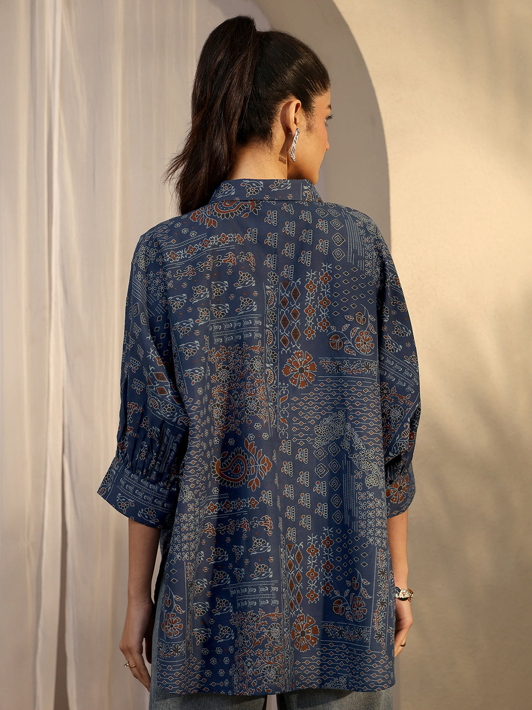  Blue Paisley Printed Cotton Straight Shirt 