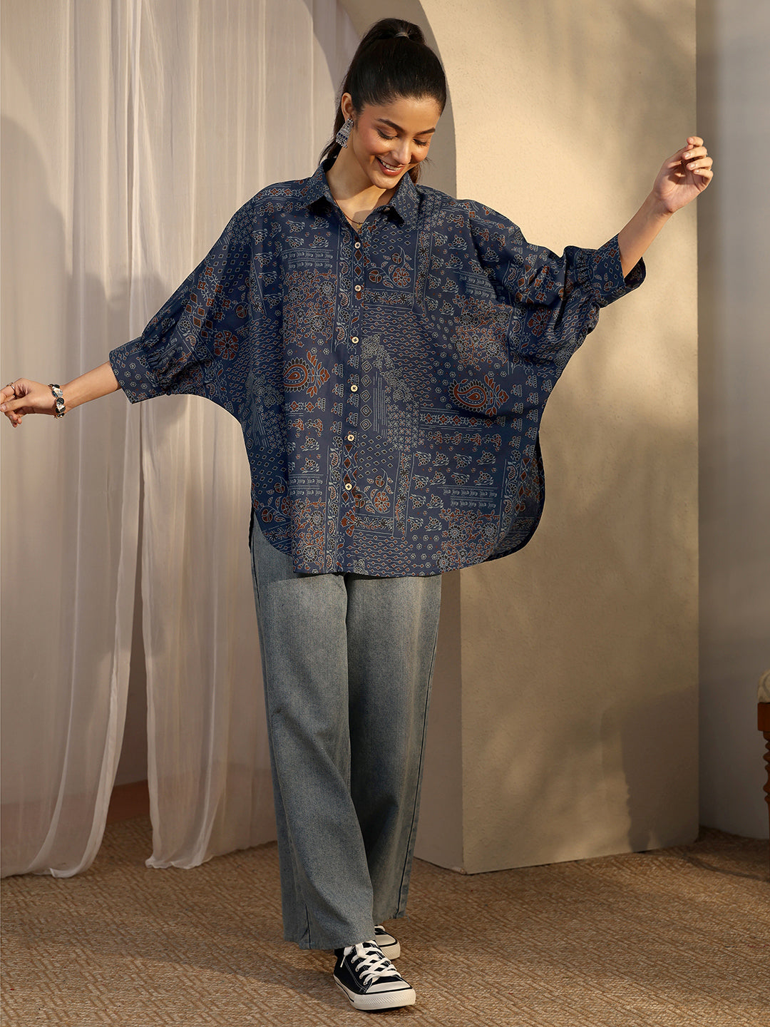  Blue Paisley Printed Cotton Straight Shirt 