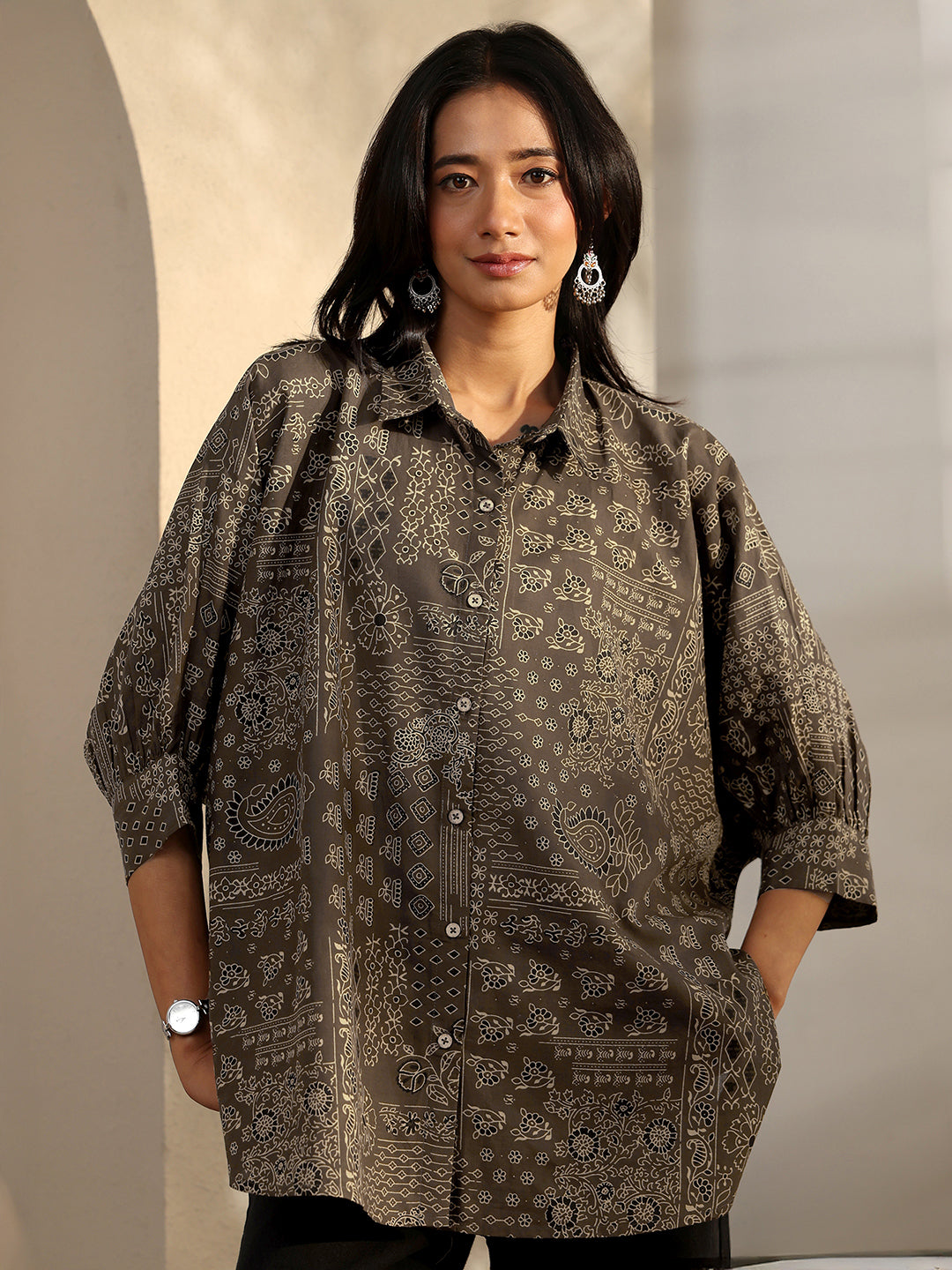 Brown Block Printed Cotton Straight Shirt