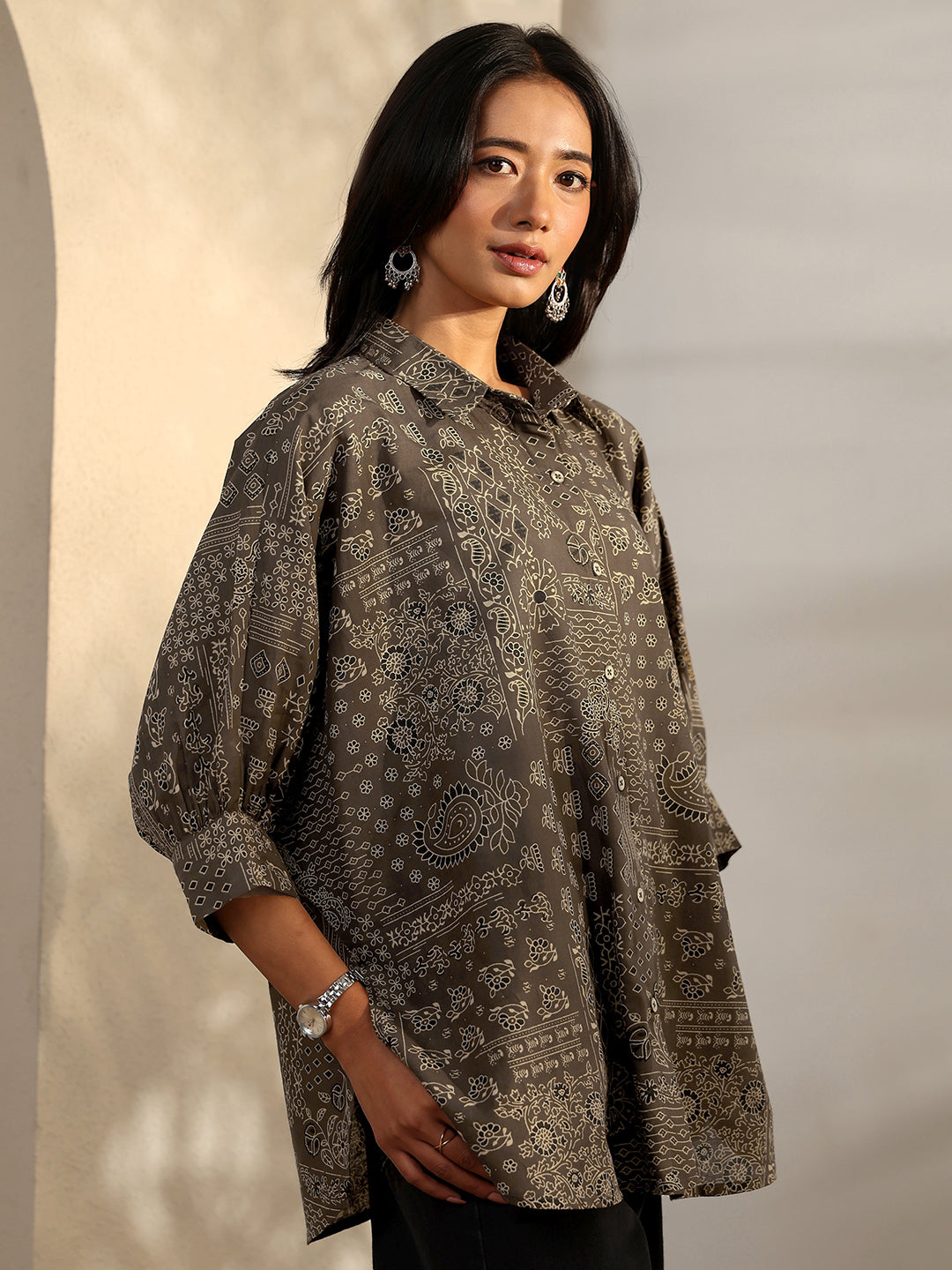  Brown Block Printed Cotton Straight Shirt 