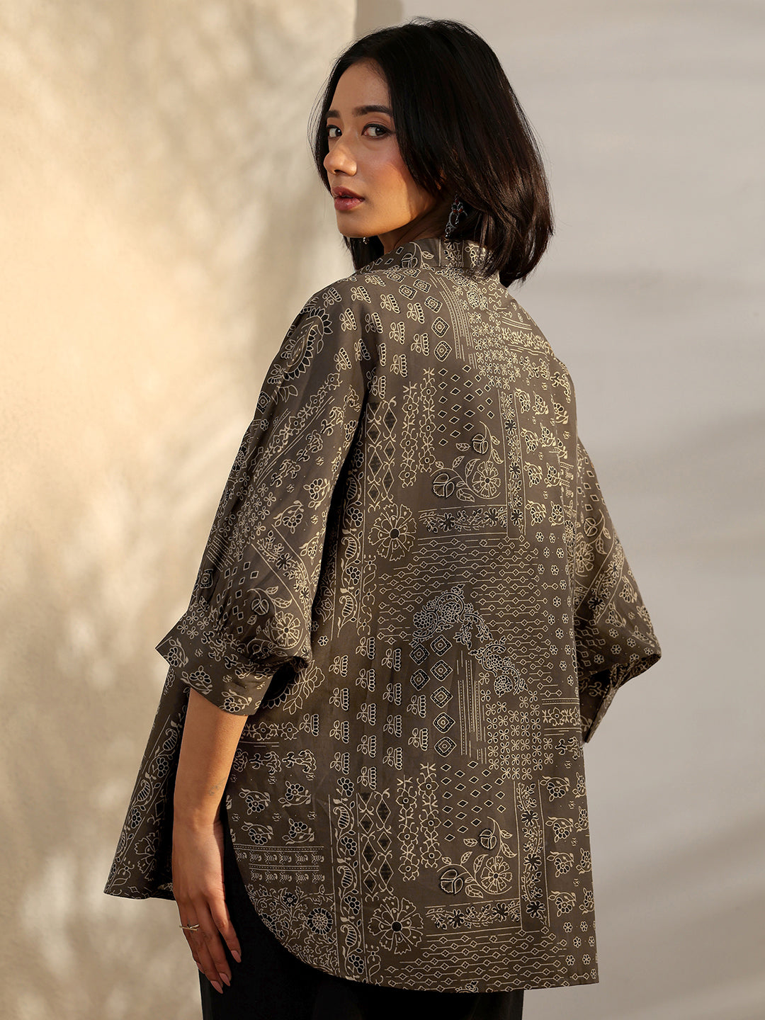  Brown Block Printed Cotton Straight Shirt 