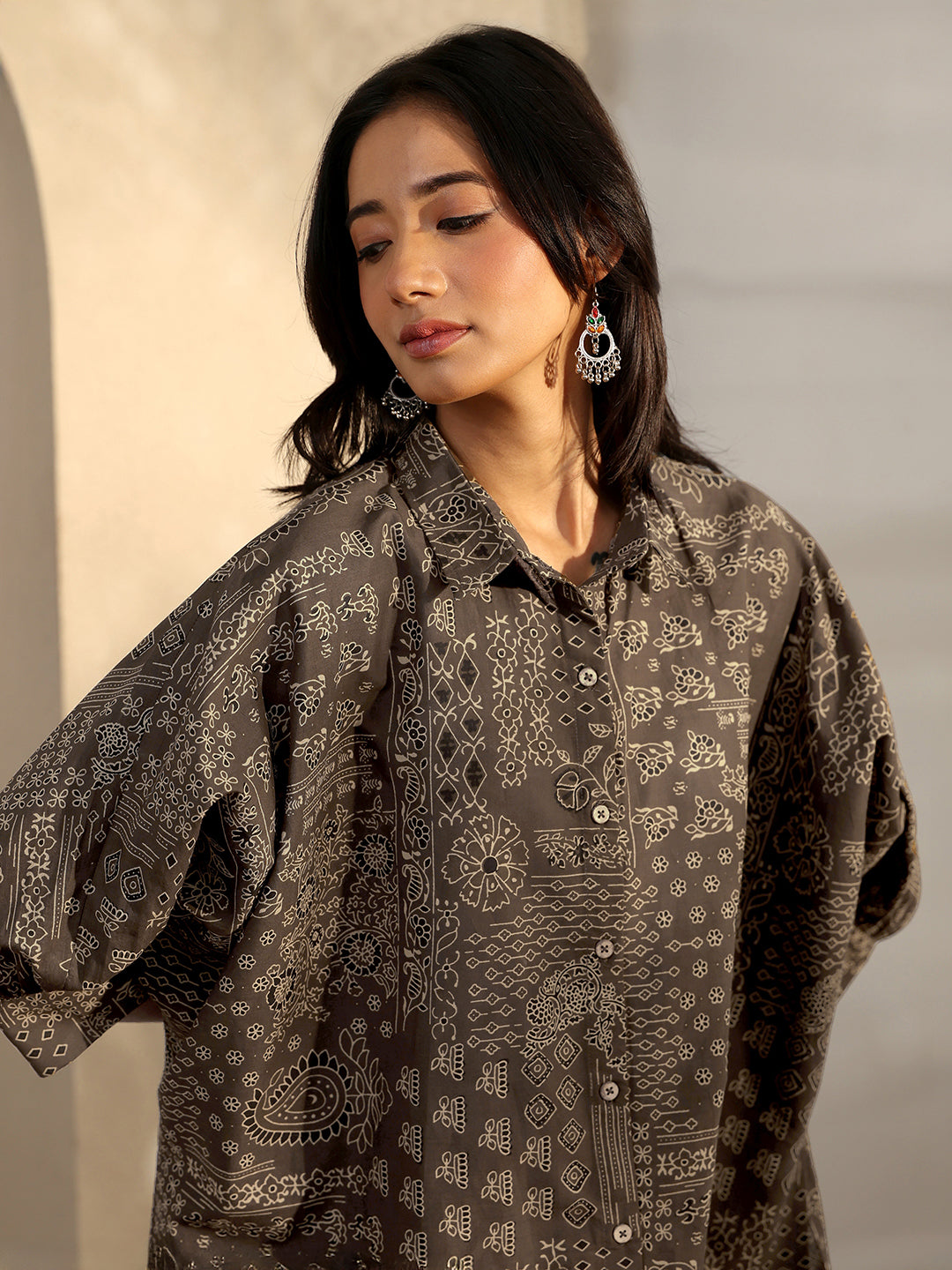  Brown Block Printed Cotton Straight Shirt 