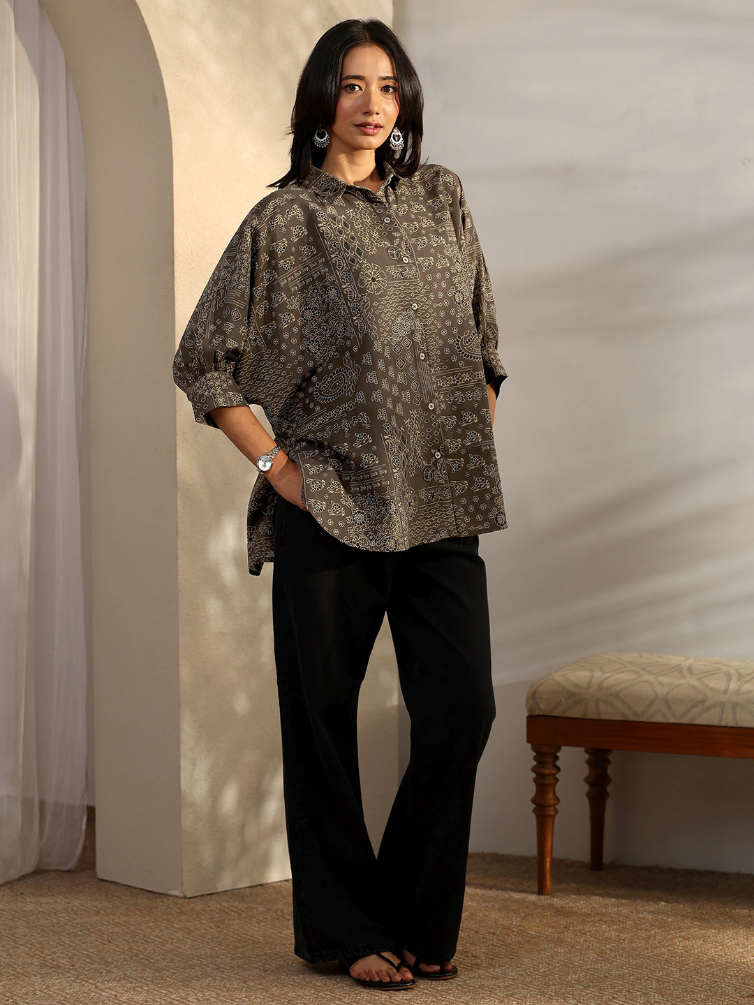  Brown Block Printed Cotton Straight Shirt 