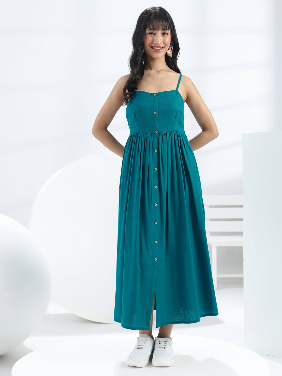  Blue Solid Cotton One-Piece Dress 