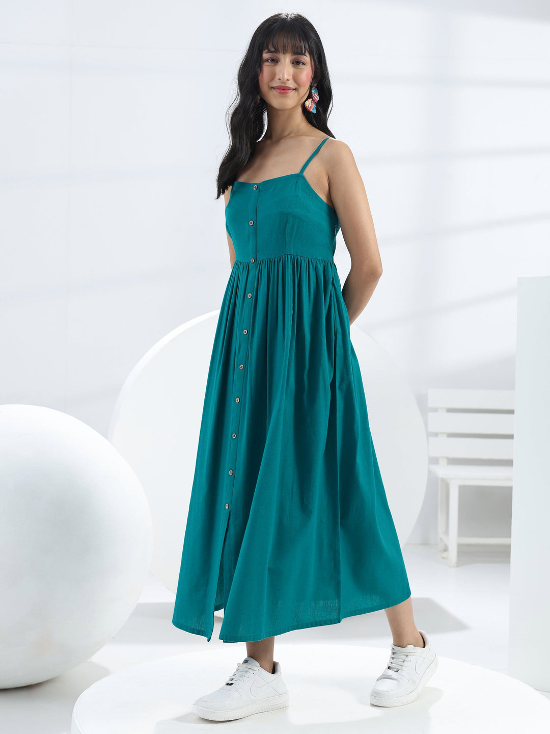  Blue Solid Cotton One-Piece Dress 
