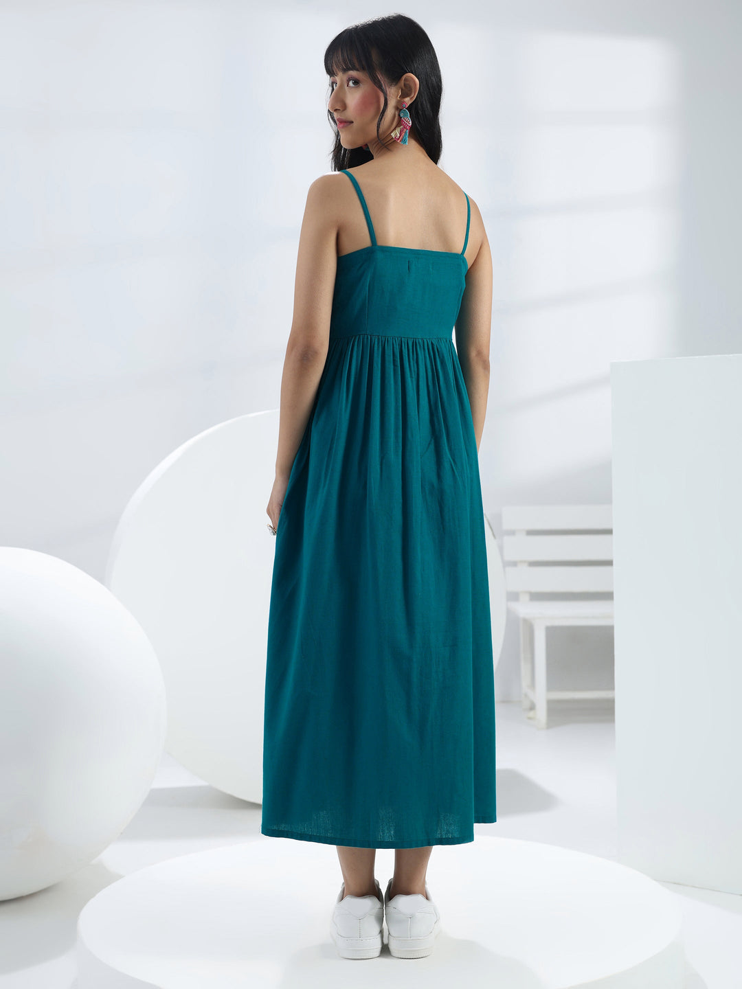  Blue Solid Cotton One-Piece Dress 