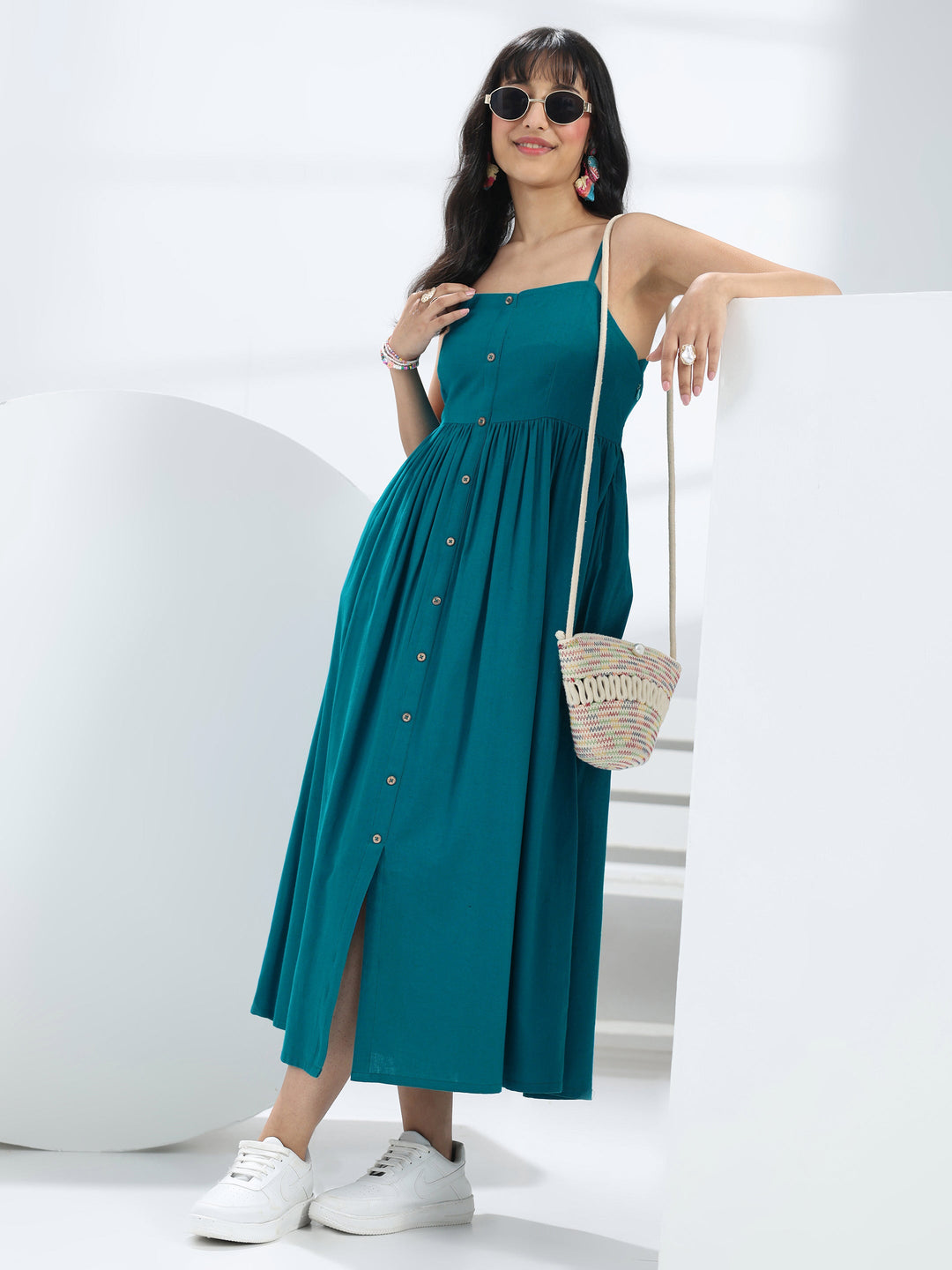  Blue Solid Cotton One-Piece Dress 