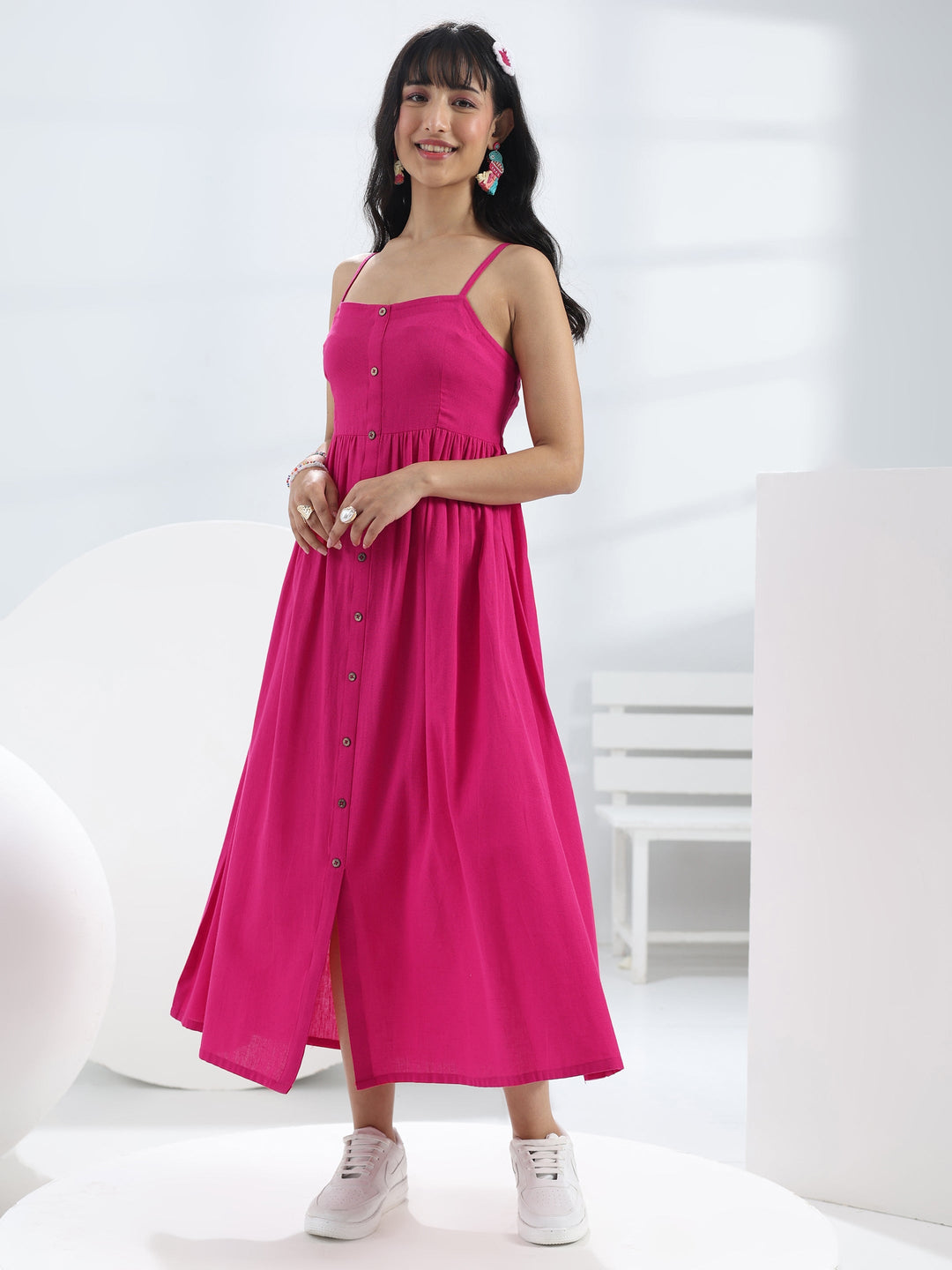  Pink Solid Cotton One-Piece Dress 