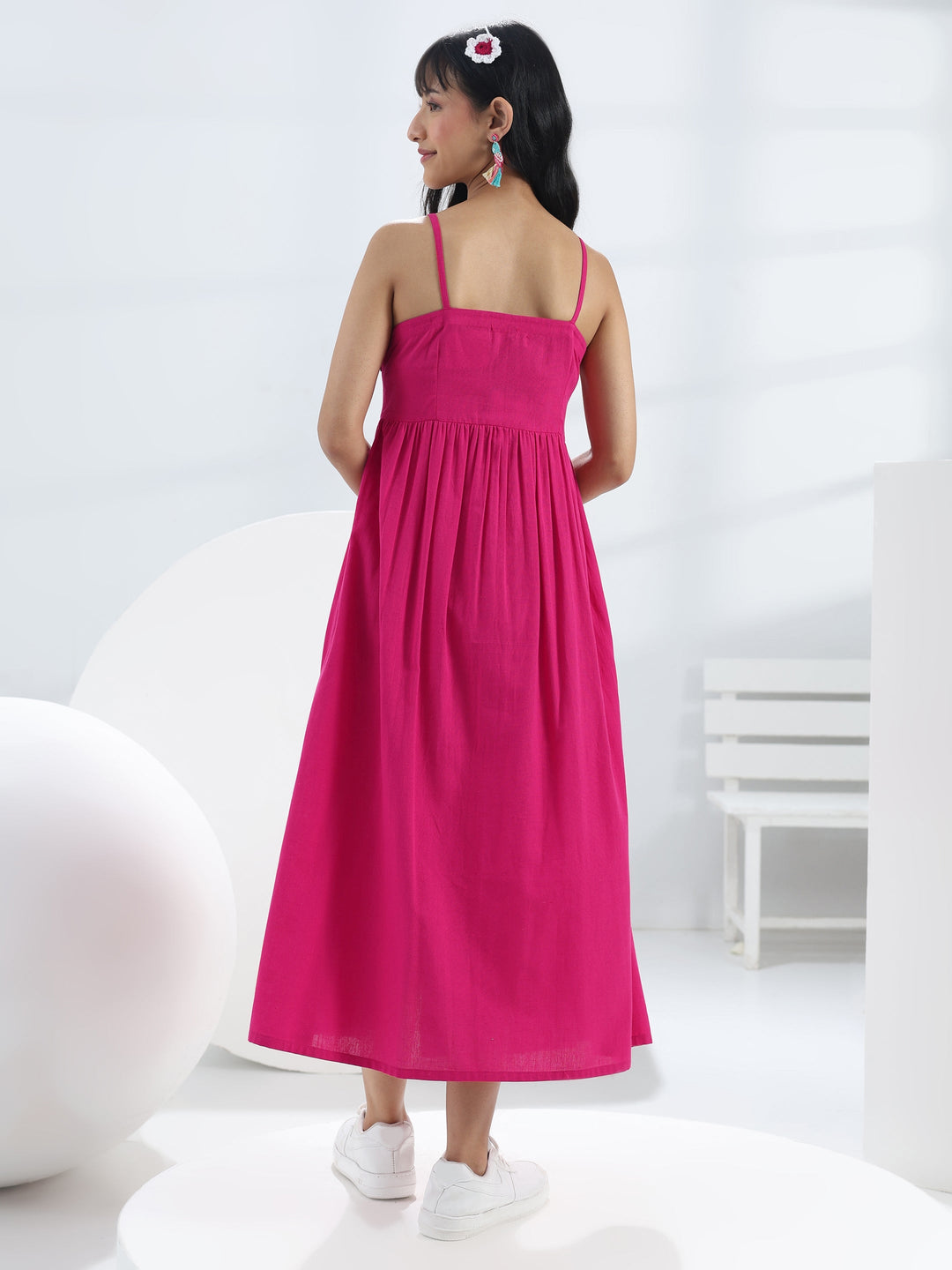  Pink Solid Cotton One-Piece Dress 