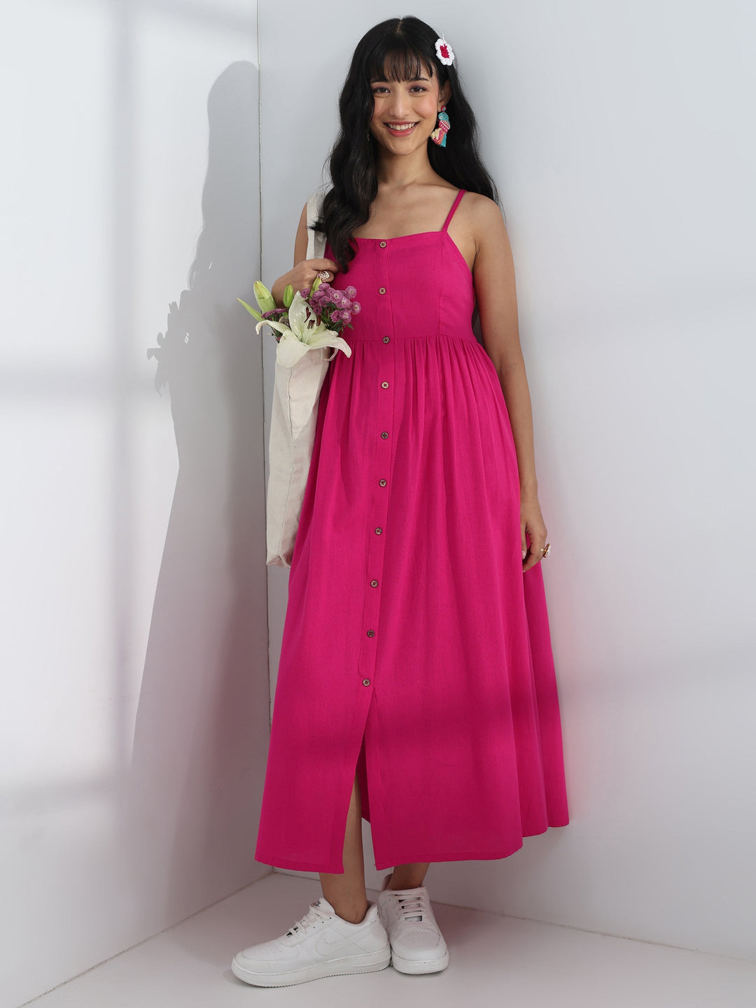  Pink Solid Cotton One-Piece Dress 