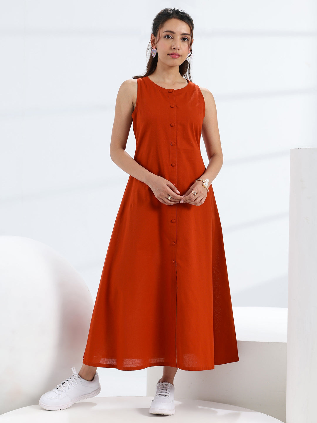  Rust Solid Cotton A-Line One Piece Dress 