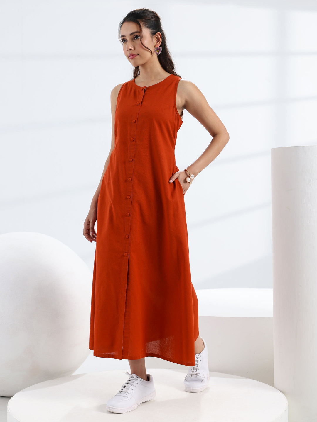  Rust Solid Cotton A-Line One Piece Dress 
