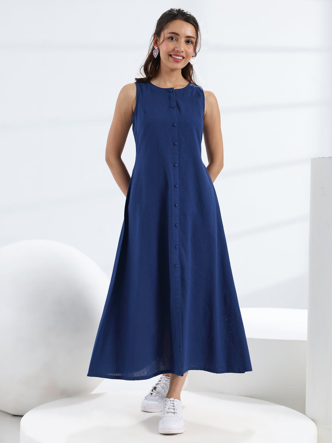  Navy Blue Solid Cotton A-Line One Piece Dress 