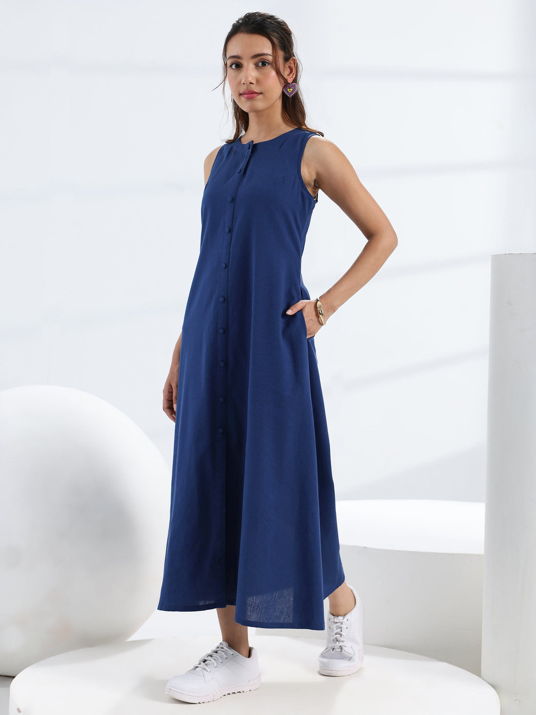  Navy Blue Solid Cotton A-Line One Piece Dress 