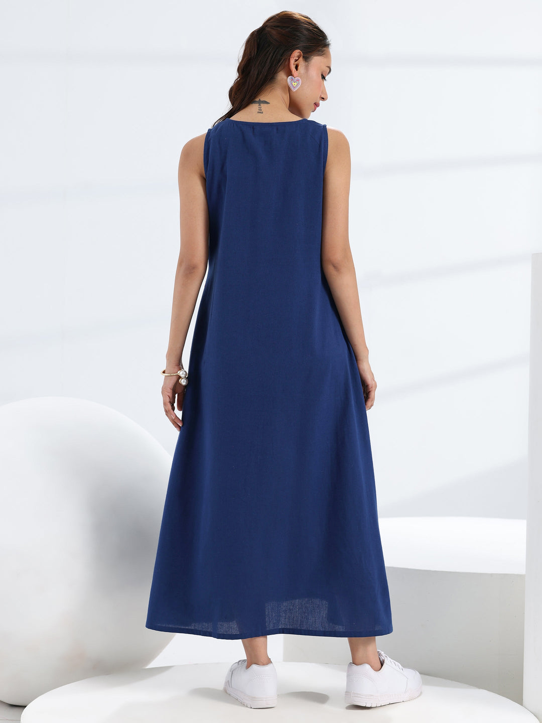  Navy Blue Solid Cotton A-Line One Piece Dress 