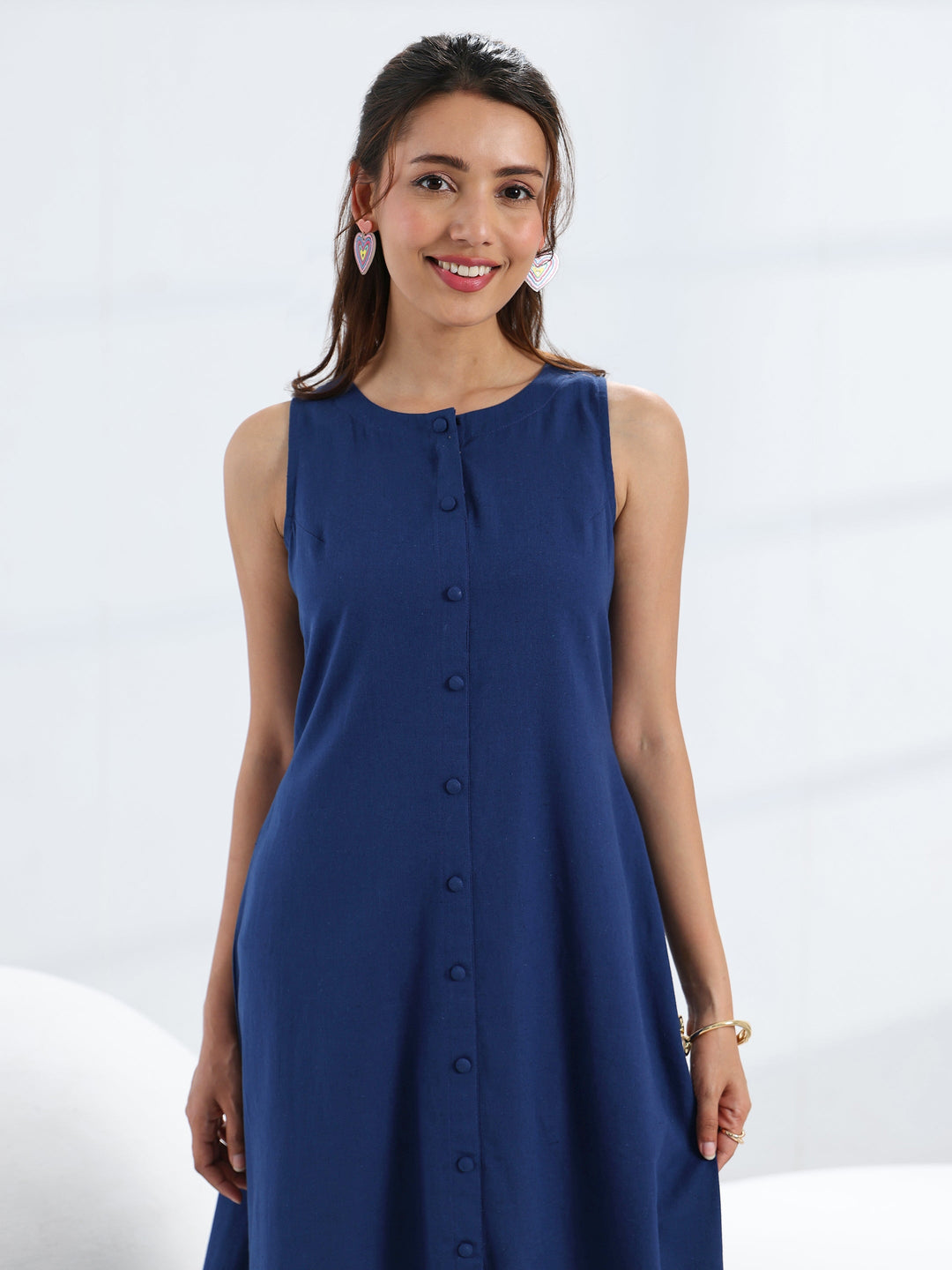  Navy Blue Solid Cotton A-Line One Piece Dress 