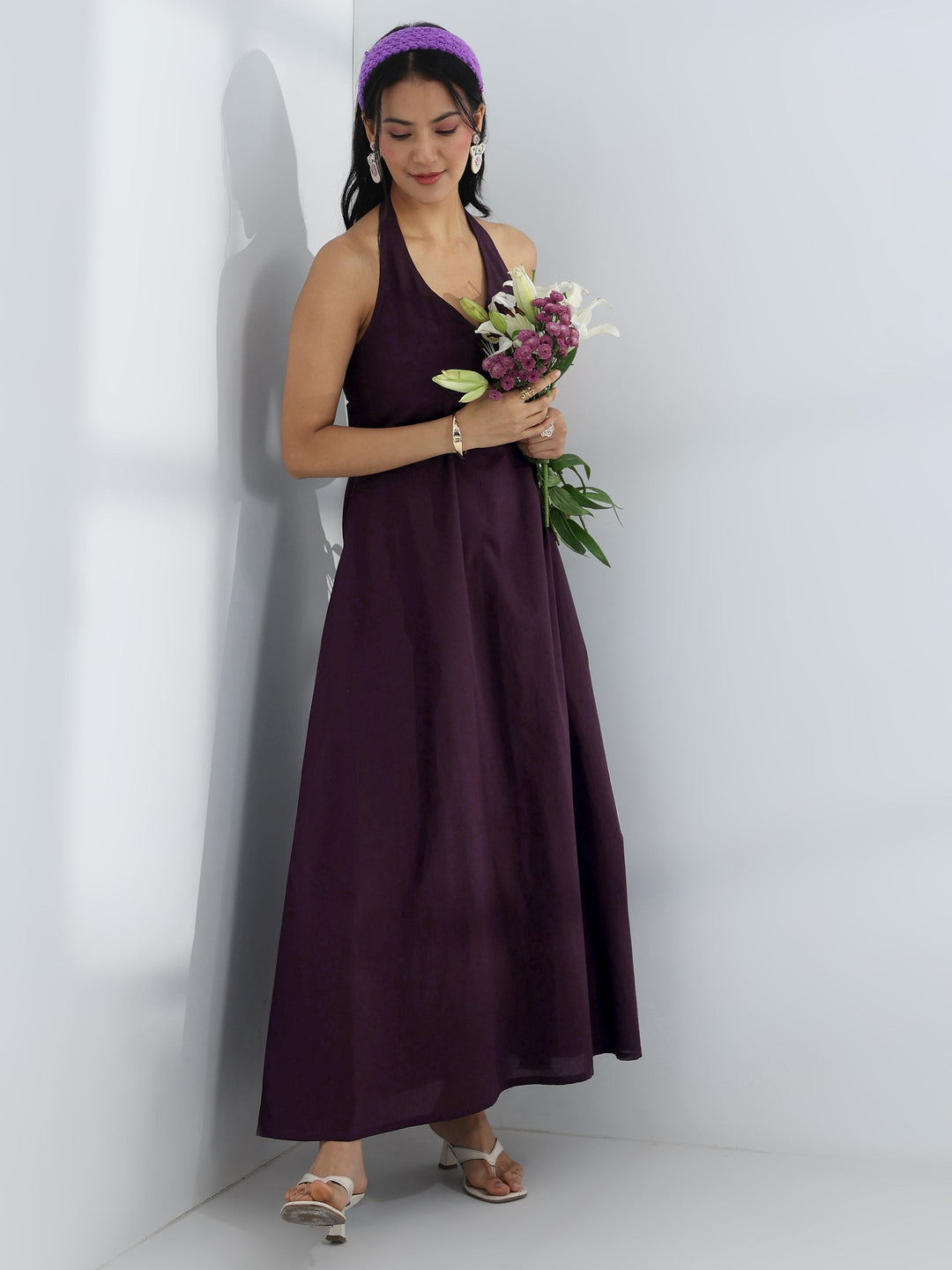  Purple Solid Cotton A-Line One-Piece Dress 