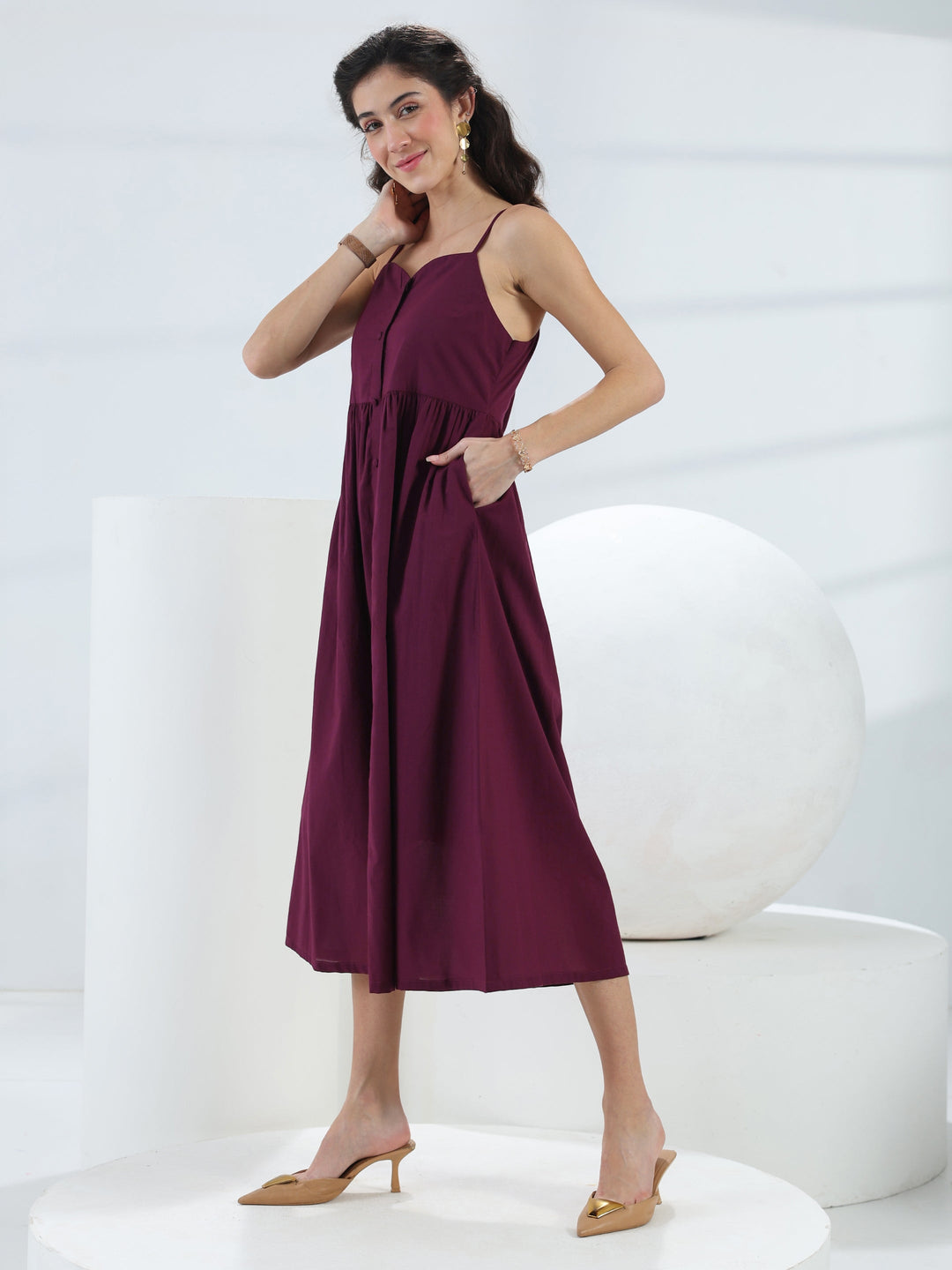  Burgundy Solid Cotton A-Line One-Piece Dress 