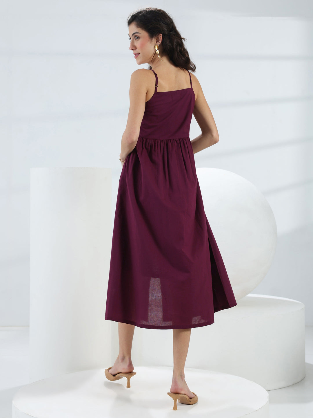  Burgundy Solid Cotton A-Line One-Piece Dress 