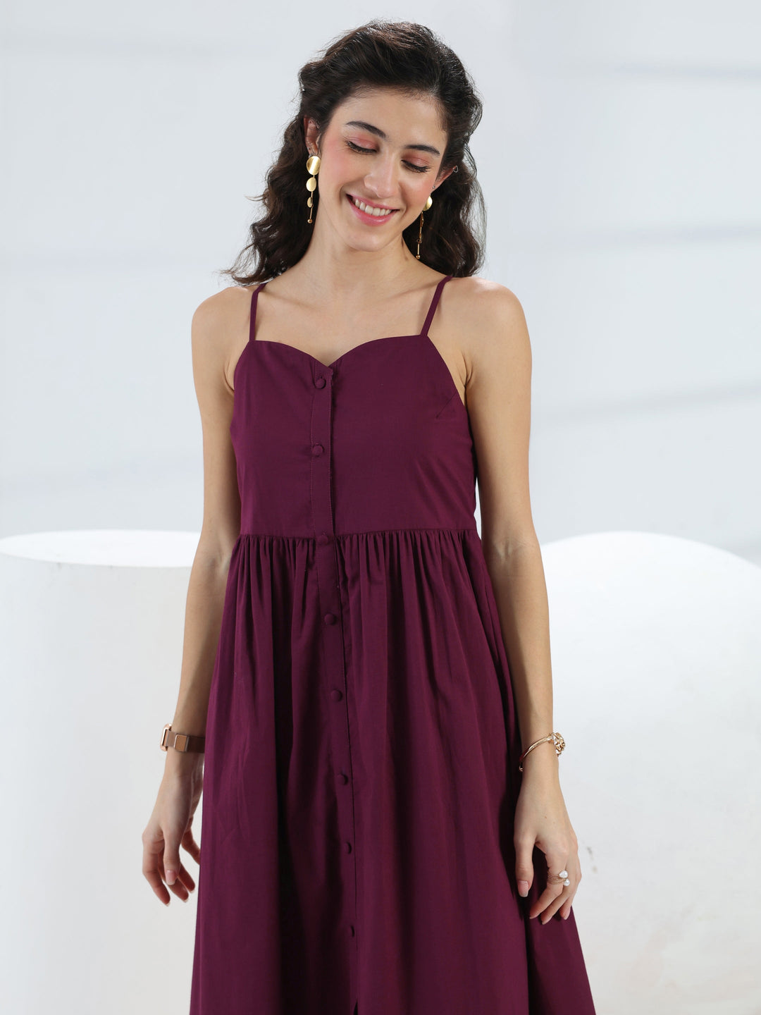 Burgundy Solid Cotton A-Line One-Piece Dress 