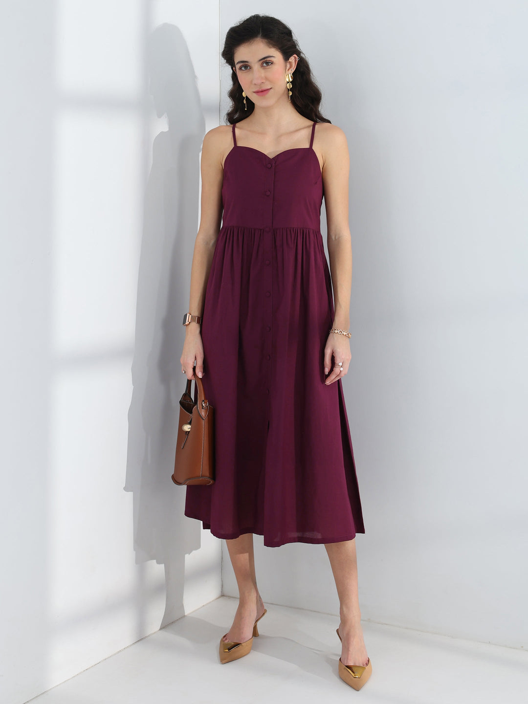  Burgundy Solid Cotton A-Line One-Piece Dress 