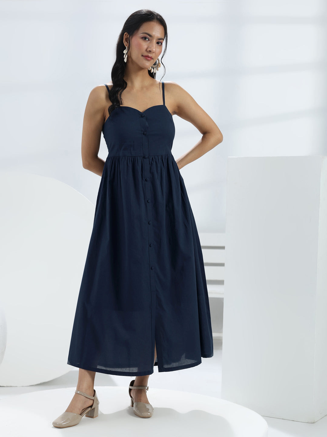  Navy Blue Solid Cotton A-Line One-Piece Dress 