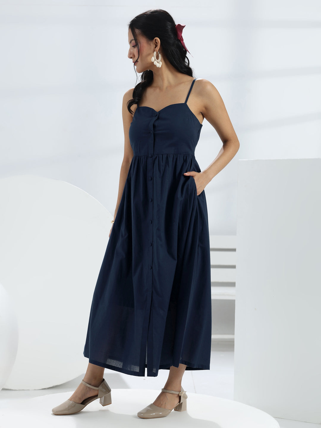  Navy Blue Solid Cotton A-Line One-Piece Dress 