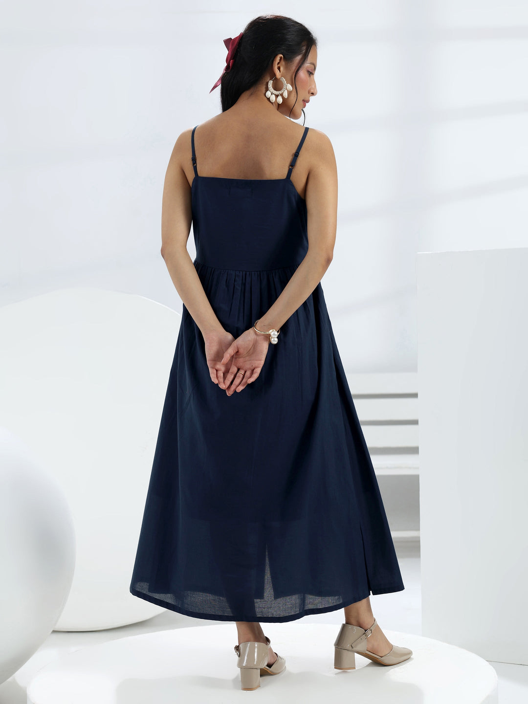  Navy Blue Solid Cotton A-Line One-Piece Dress 