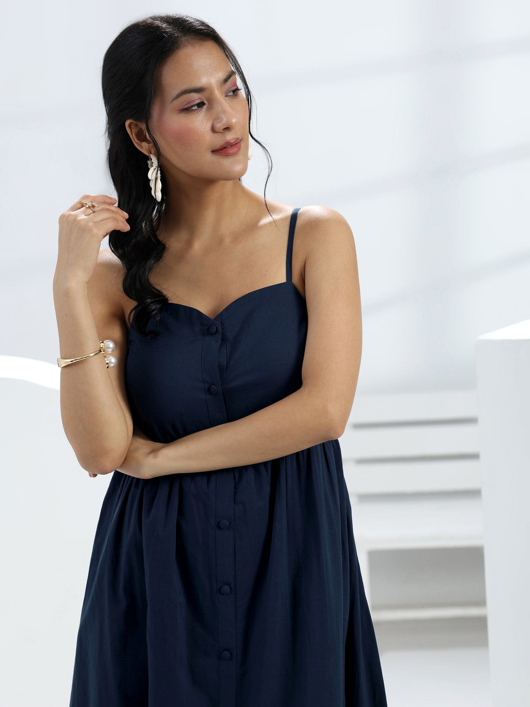 Navy Blue Solid Cotton A-Line One-Piece Dress 