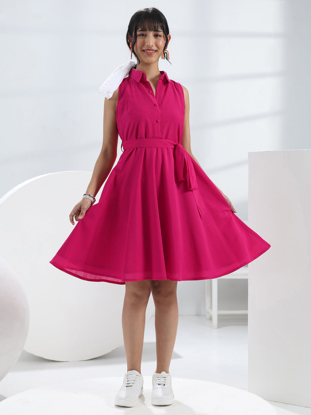  Pink Solid Cotton One-Piece Dress 