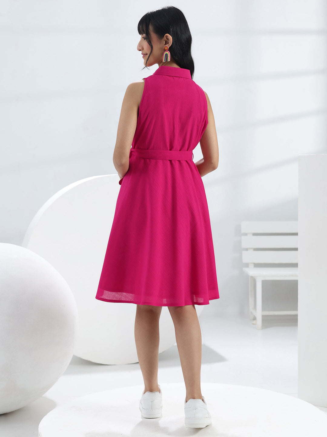  Pink Solid Cotton One-Piece Dress 