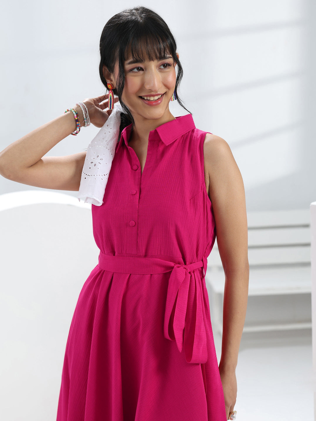 Pink Solid Cotton One-Piece Dress 